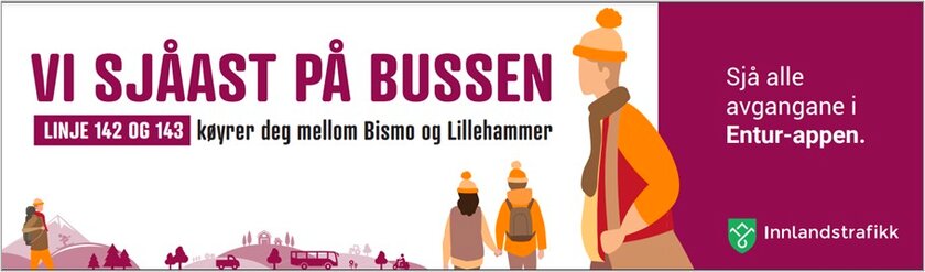 Annonse for nytt busstilbud i Nord Gudbrandsdalen, med illustrasjoner av folk på reise og med budskap om at Vi sjåast på bussen. Linje 142 og 143 køyrer deg mellom Bismp og Lillehammer - Klikk for stort bilde