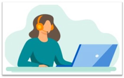 Illustrasjon av ei dame som sitter med headsett forann en PC og svarer på henvendelser fra kunder - Klikk for stort bilde