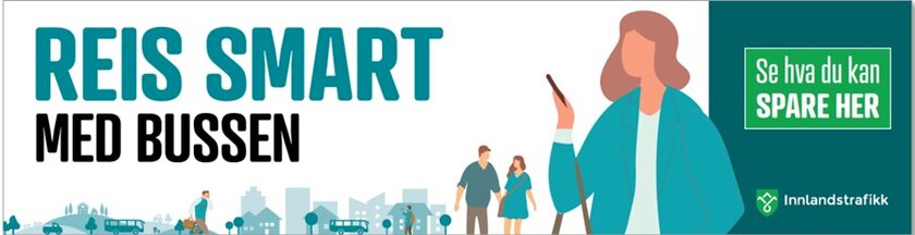 Annonse med illustrasjoner av folk på reise og med budskap om å Reis smart med busse og en lenke til hva man kan spare - Klikk for stort bilde