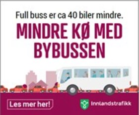 Annonse med illustrasjoner av buss i byen, og med budskap om at full buss er ca. 40 biler mindre. Mindre kø med bybussen - Klikk for stort bilde
