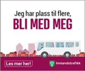 Annonse med illustrasjoner av buss i bymiljø. Med budskap om at bussen har plass til flere. Bli med bussen. - Klikk for stort bilde